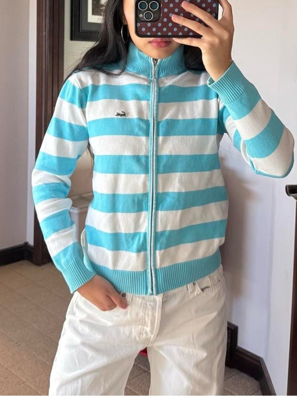 Y2K blue and white striped Lacoste zip up sweater